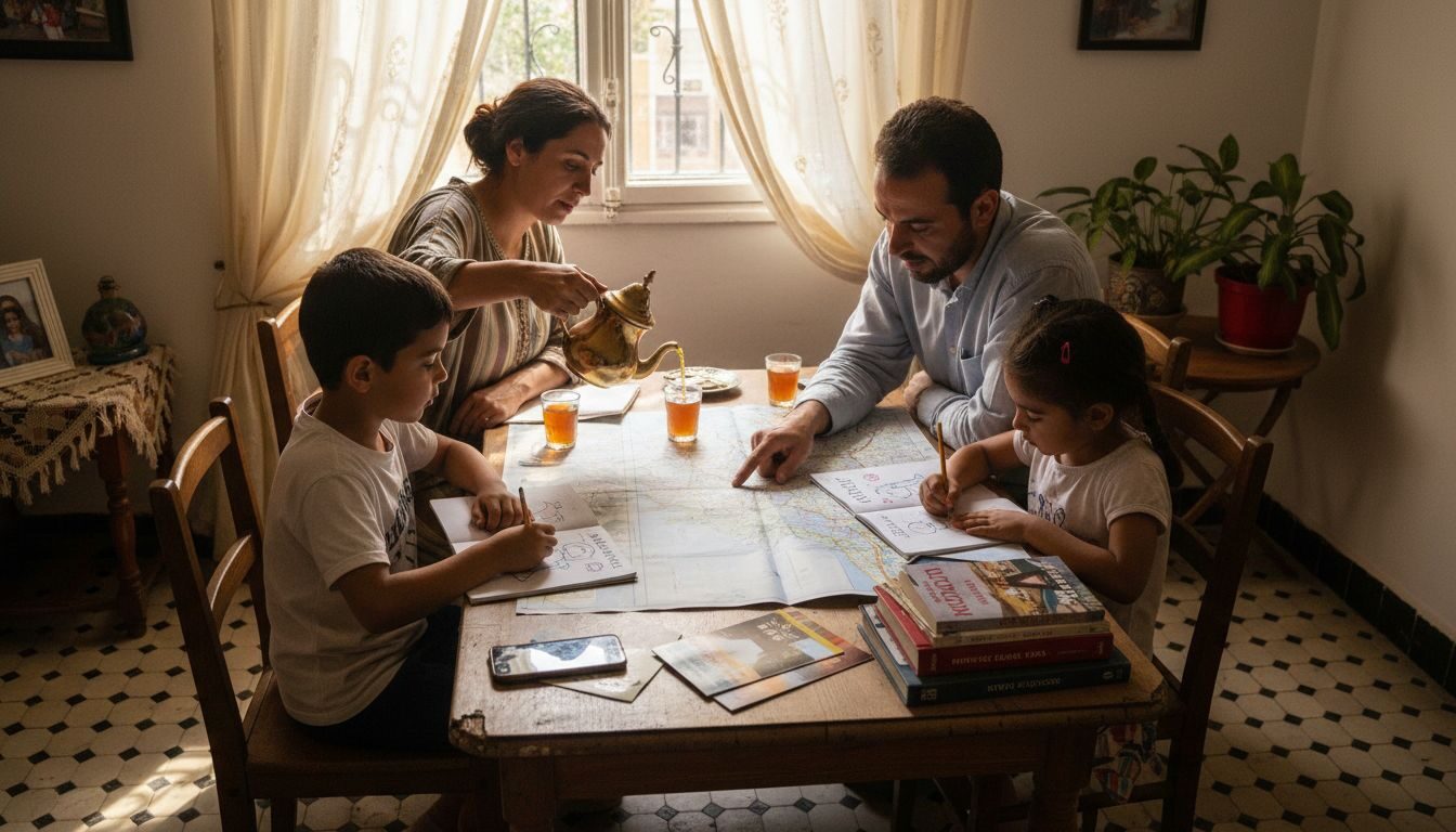 Family reviewing Morocco vacation plans at home