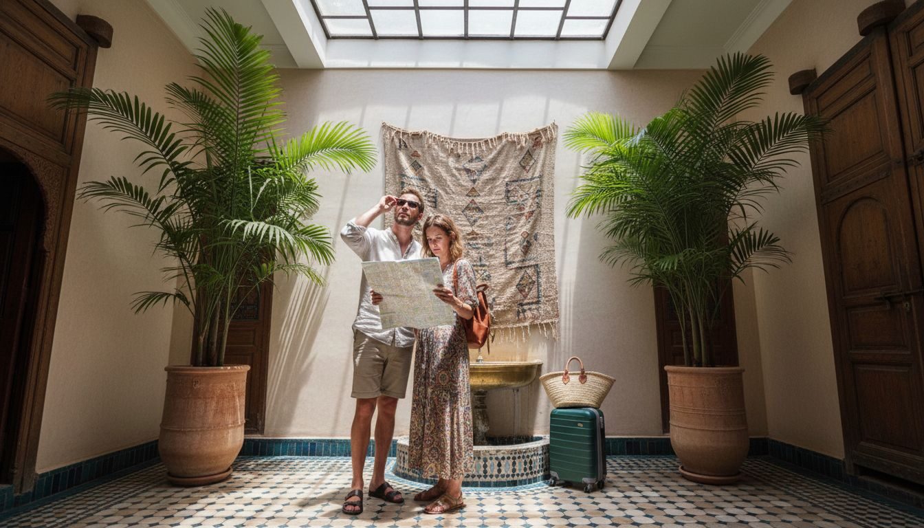 Travelers relaxing in Marrakech riad courtyard