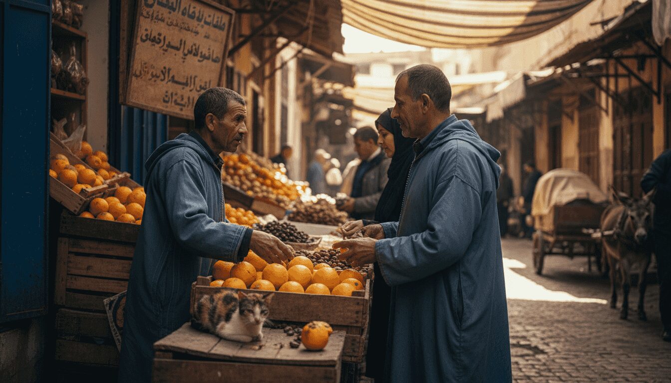 Moroccan vendor speaking in a Marrakech alley