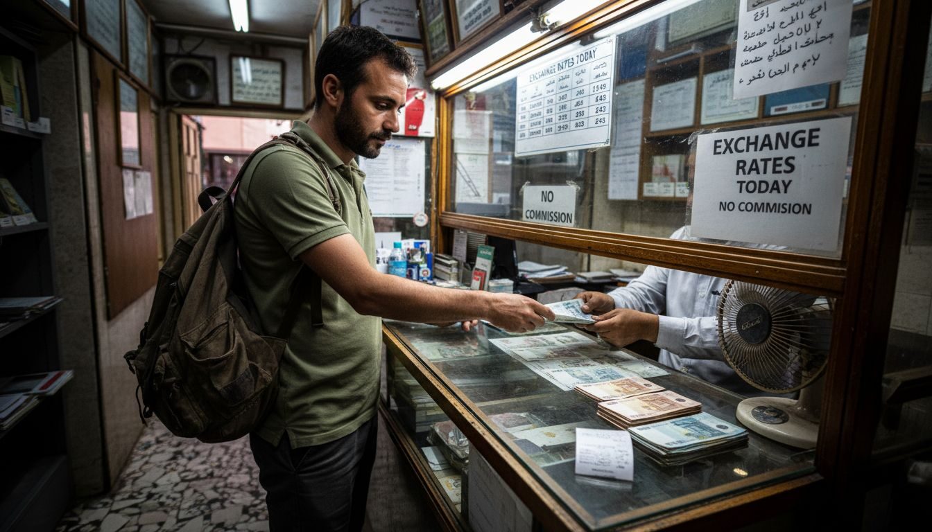 Traveler exchanging money at Marrakech bureau