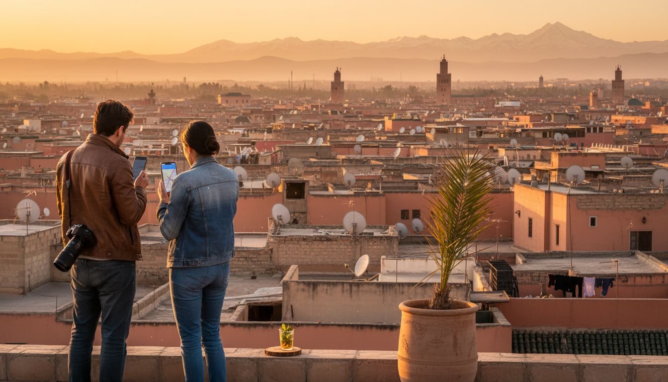 Travelers overlooking Marrakech city rooftops at sunset