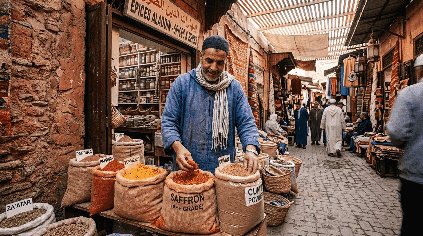 Shopkeeper arranging spices in Marrakech Medina