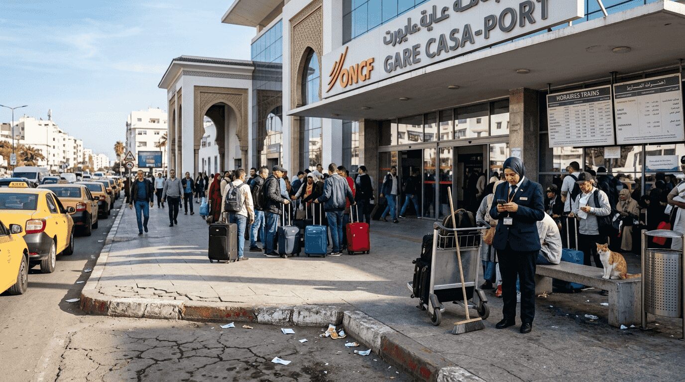 Travelers outside Moroccan ONCF train station morning
