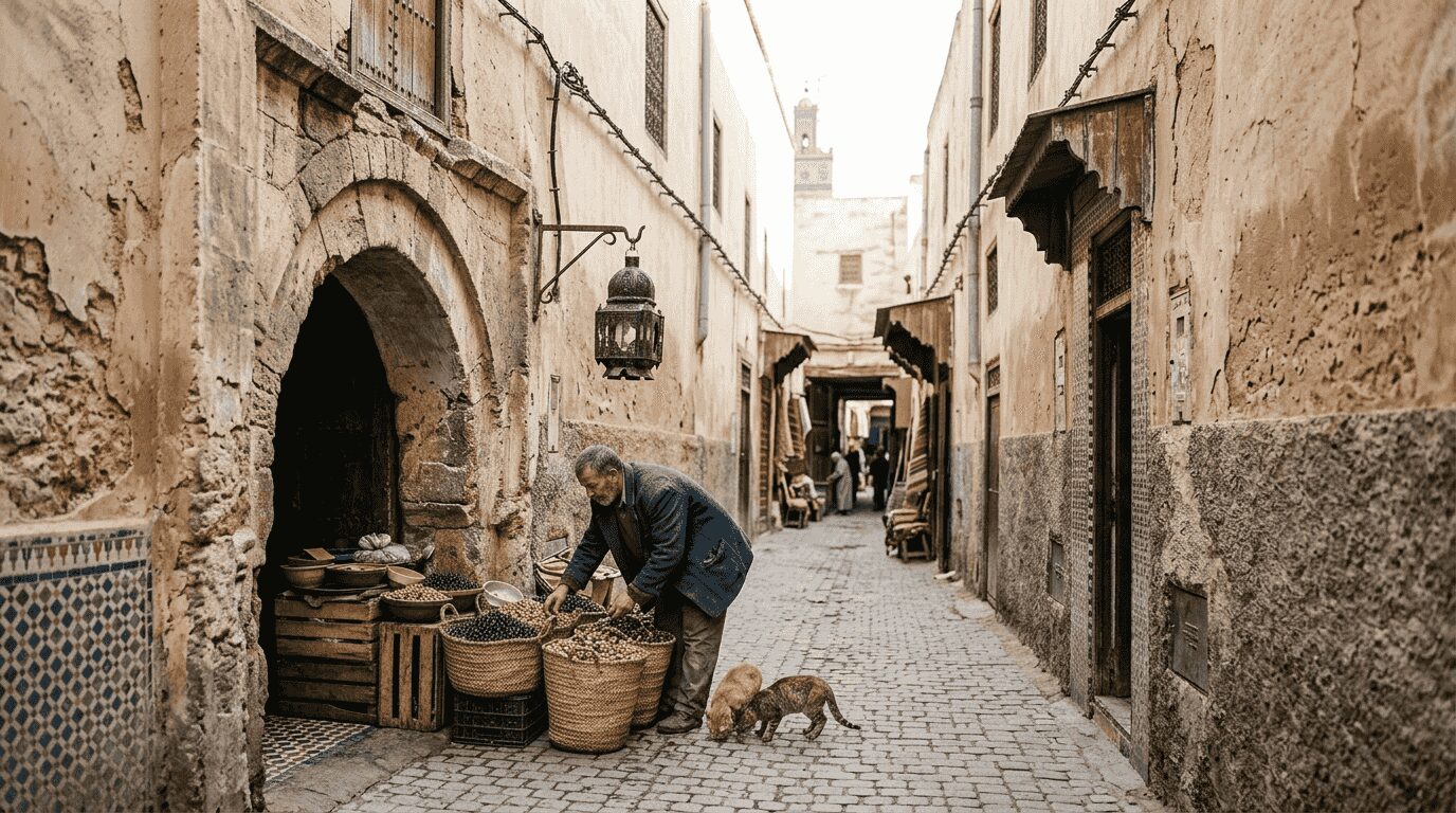 Vendor arranging olives in Marrakech medina street