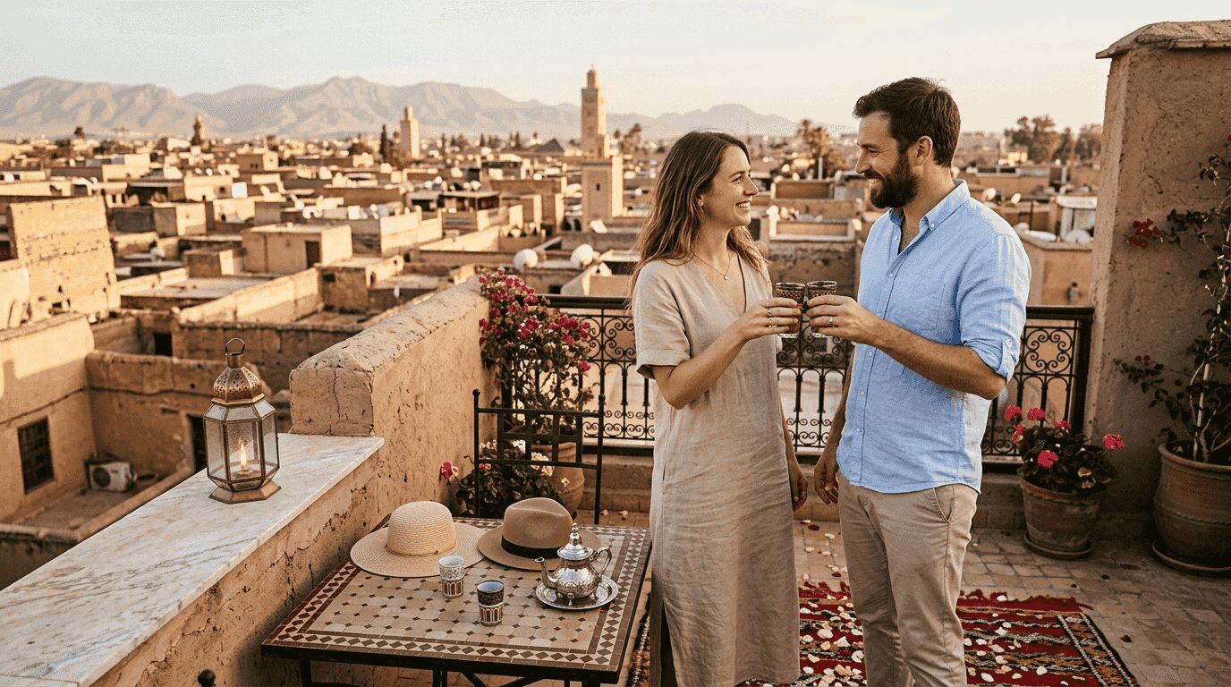 Couple celebrating on Moroccan riad terrace