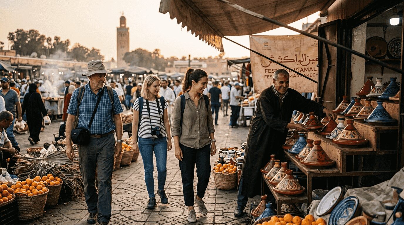 Travelers exploring busy Marrakech marketplace