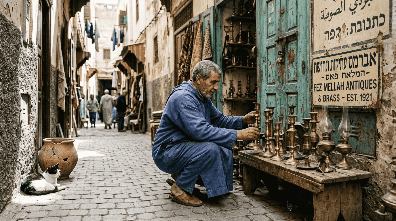 Fez Mellah Jewish street shopkeeper scene