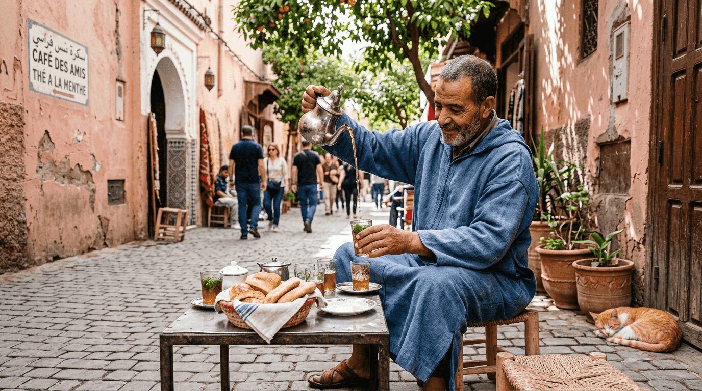Moroccan man pouring tea at spring café