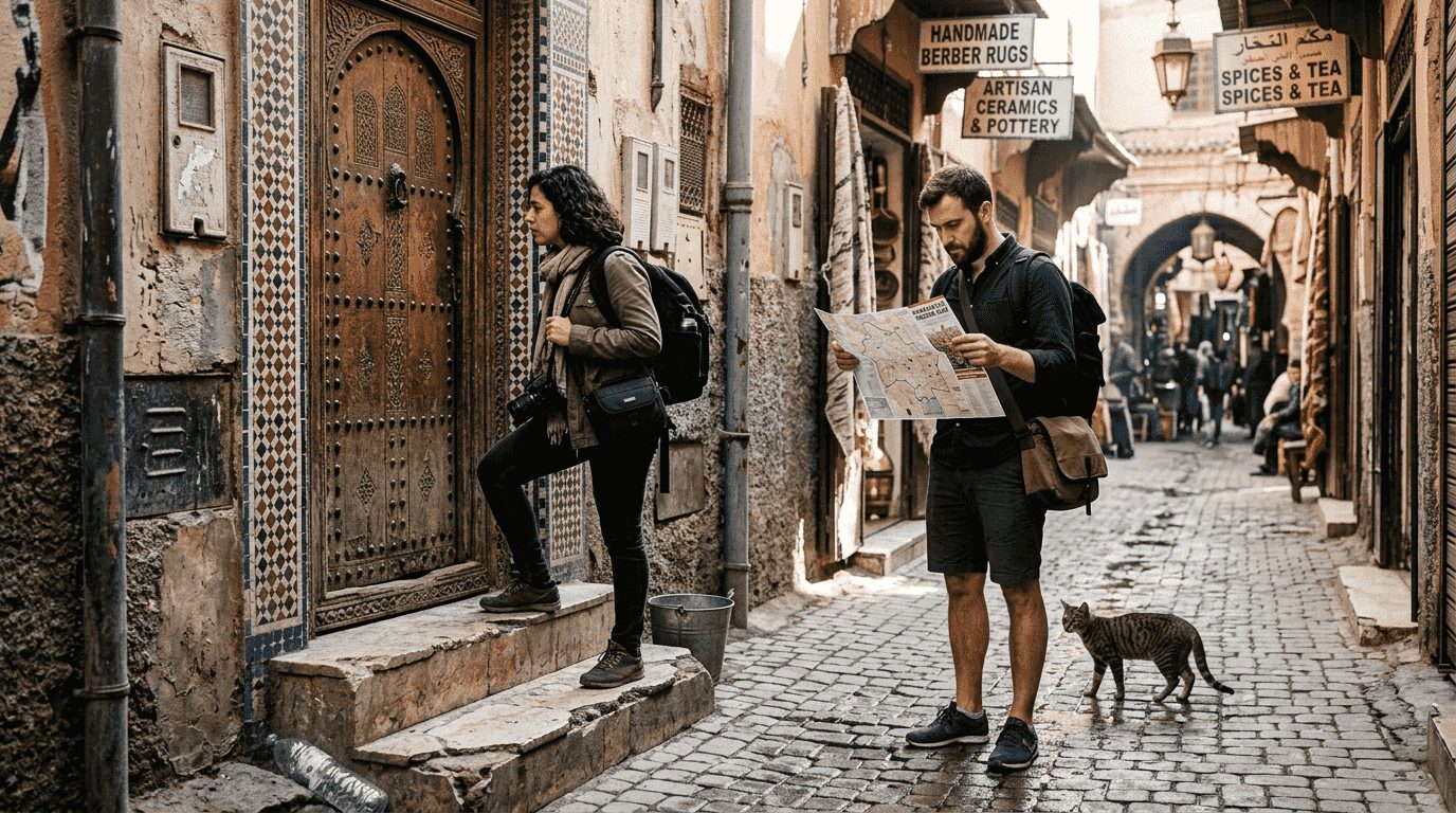 Travelers navigating narrow Moroccan medina alley