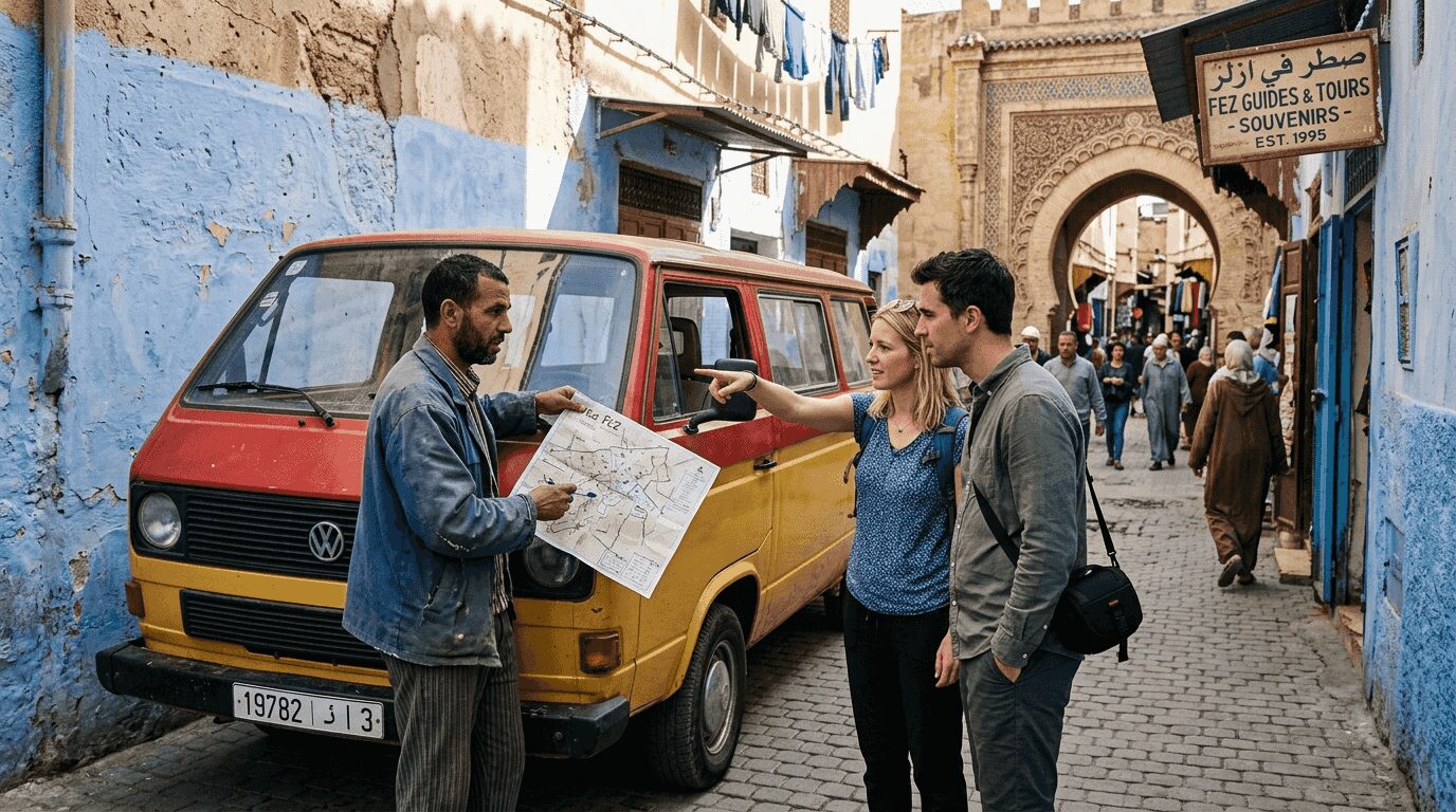 Moroccan guide welcoming travelers in city street