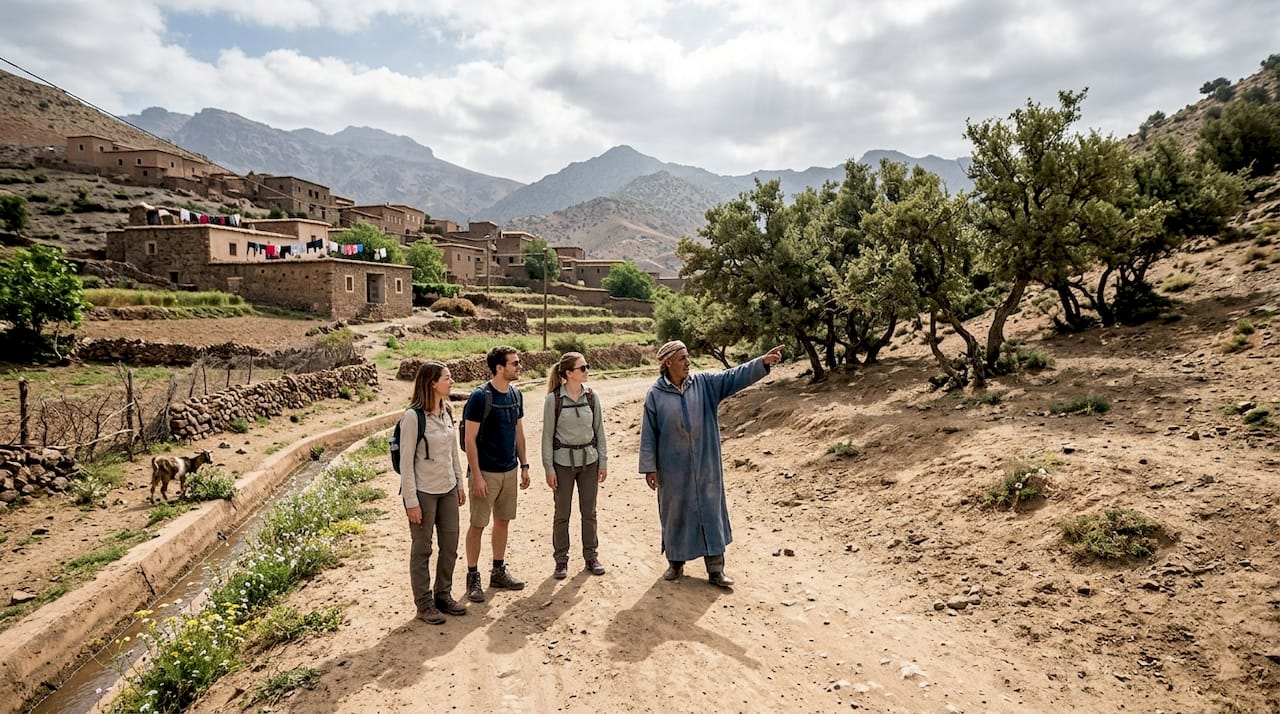 Guide leads tourists through rural Moroccan landscape