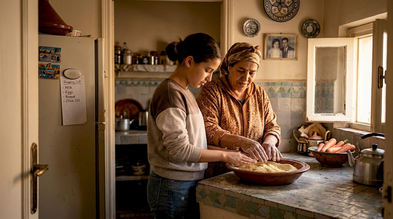Moroccan grandmother and girl making couscous