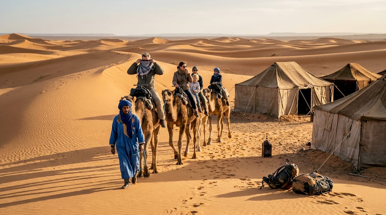 Travelers arriving at desert camp with camels