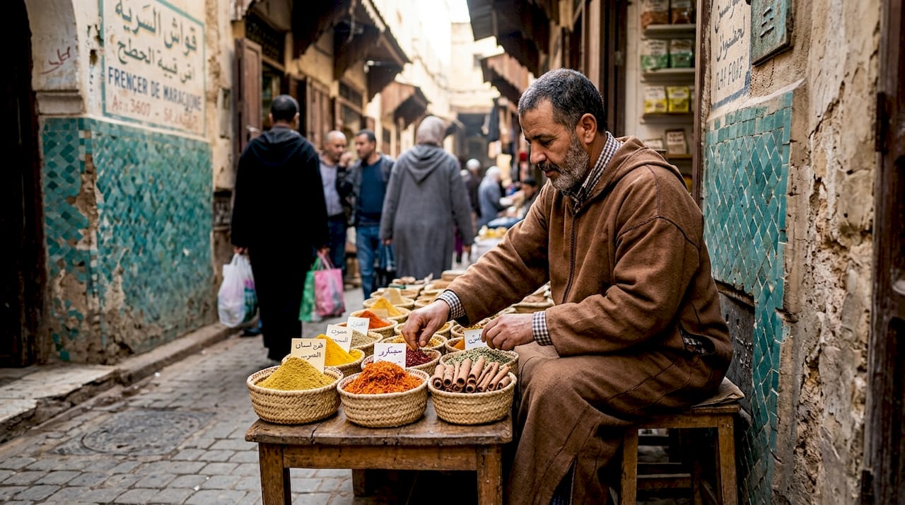 Moroccan vendor arranging spices in busy medina