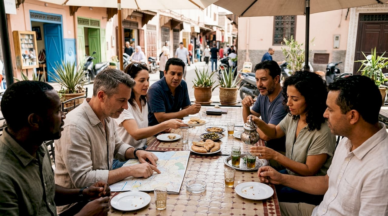 Group travelers sharing meal at Marrakech café