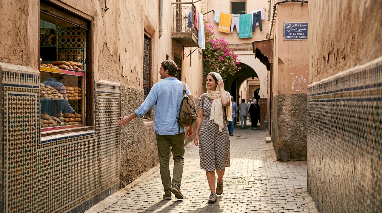 Couple wandering Marrakech medina street spring
