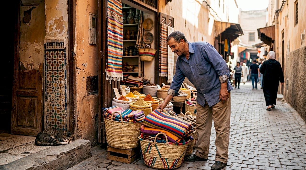 Shopkeeper arranging baskets in Marrakech alley