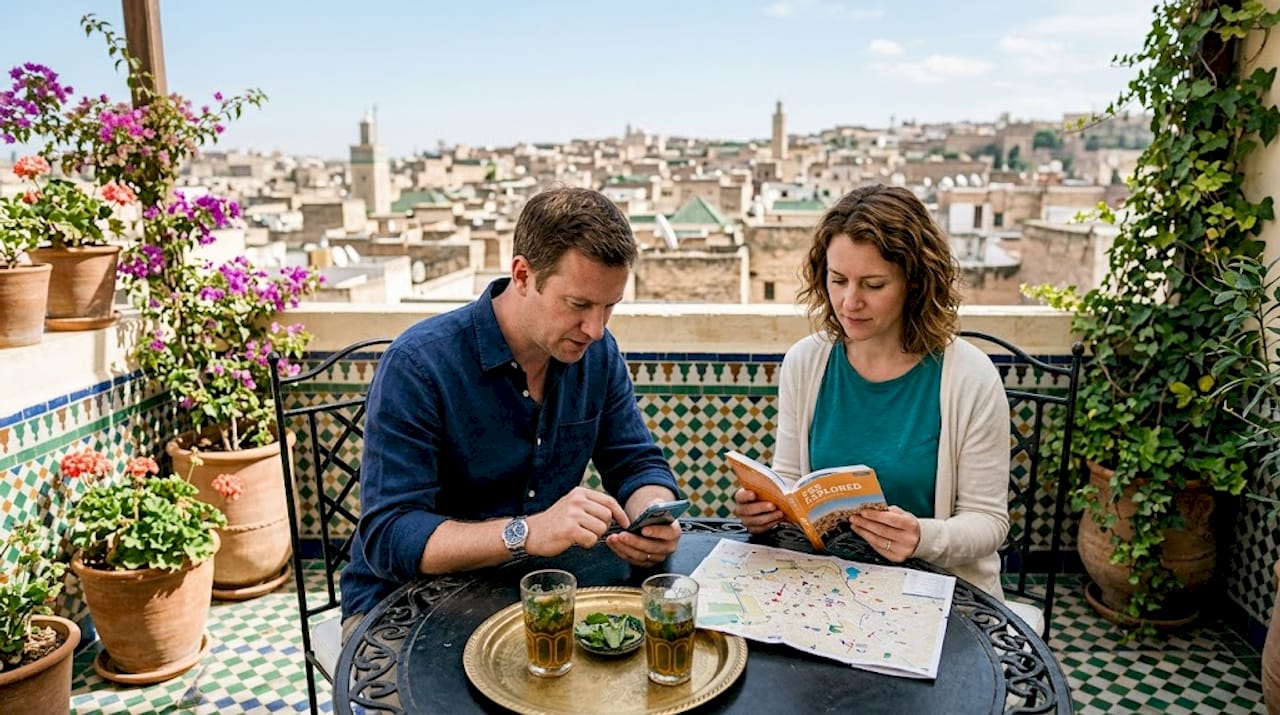 Travelers planning day in Moroccan riad courtyard