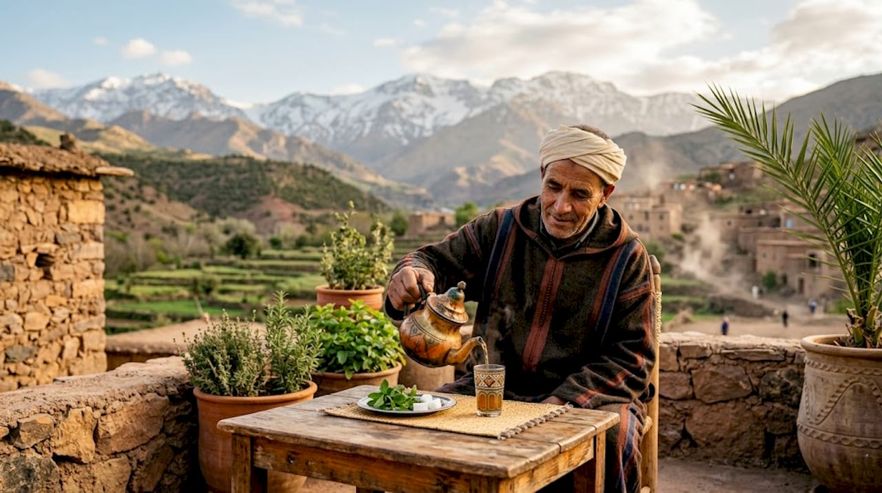 Berber farmer pouring tea outside mountain home