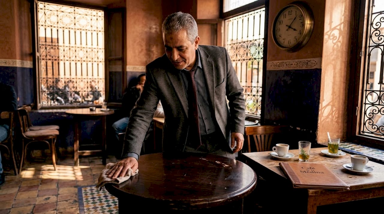 Café manager cleaning Casablanca café table