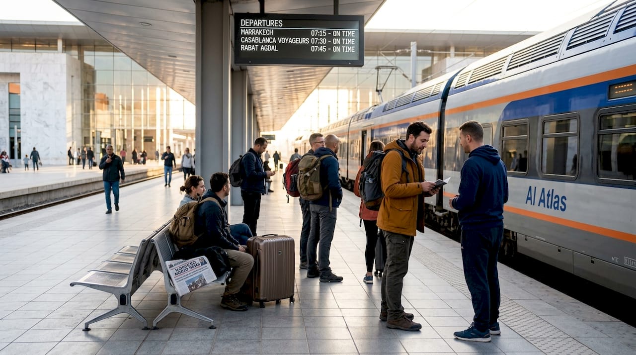 Travelers boarding train at Marrakech station platform
