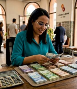 Bank clerk sorting Moroccan dirham banknotes