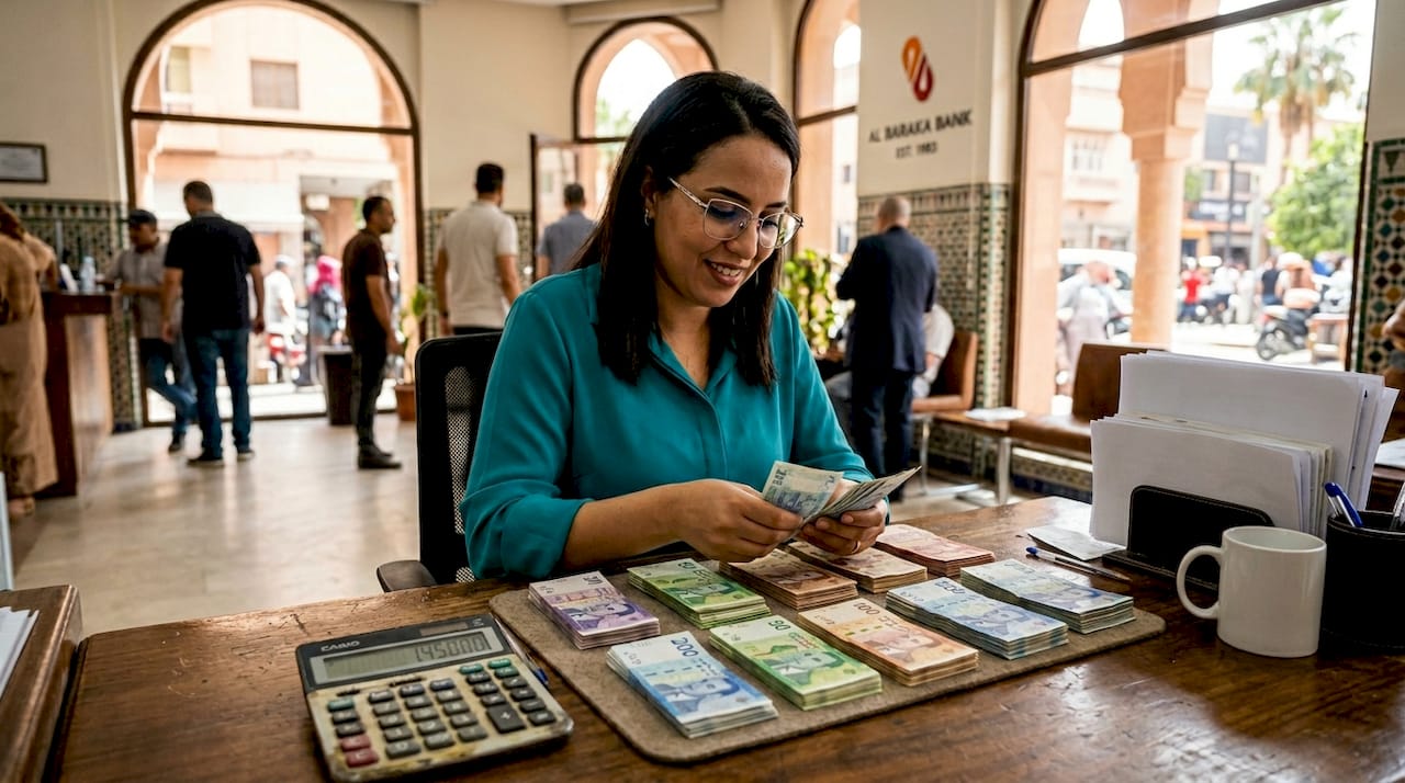 Bank clerk sorting Moroccan dirham banknotes