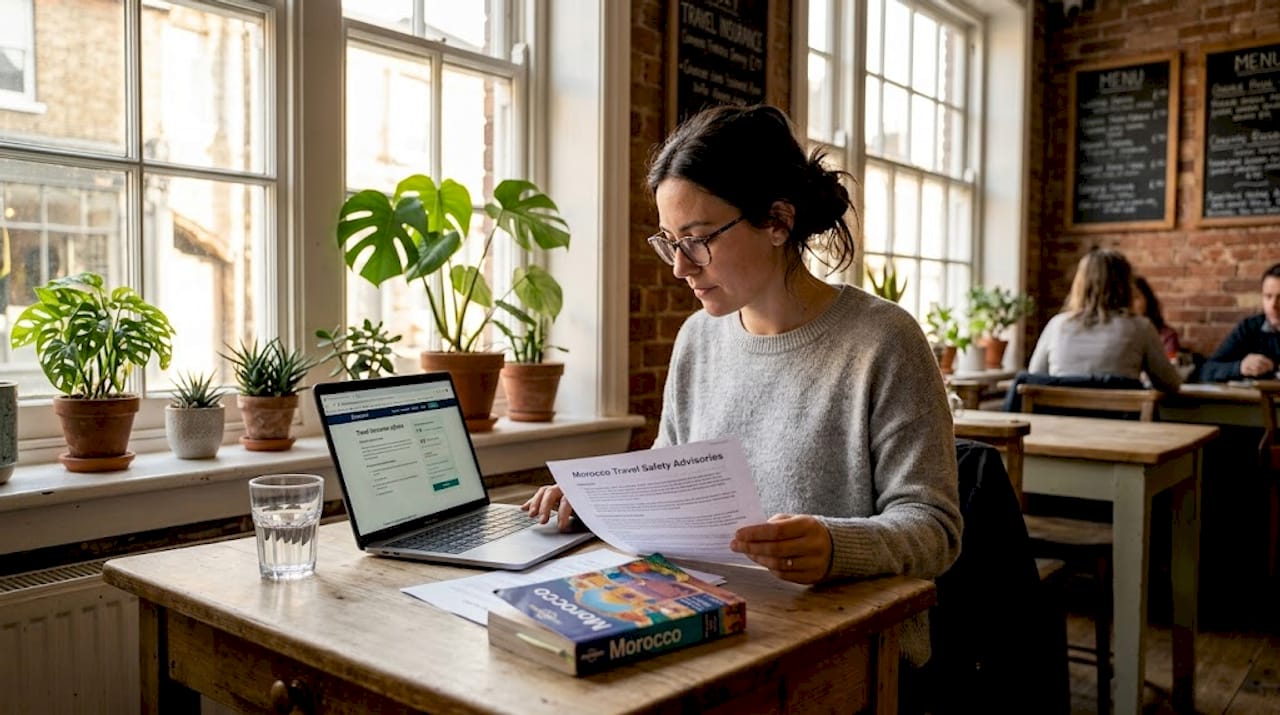 Woman researching Morocco travel advisories at home