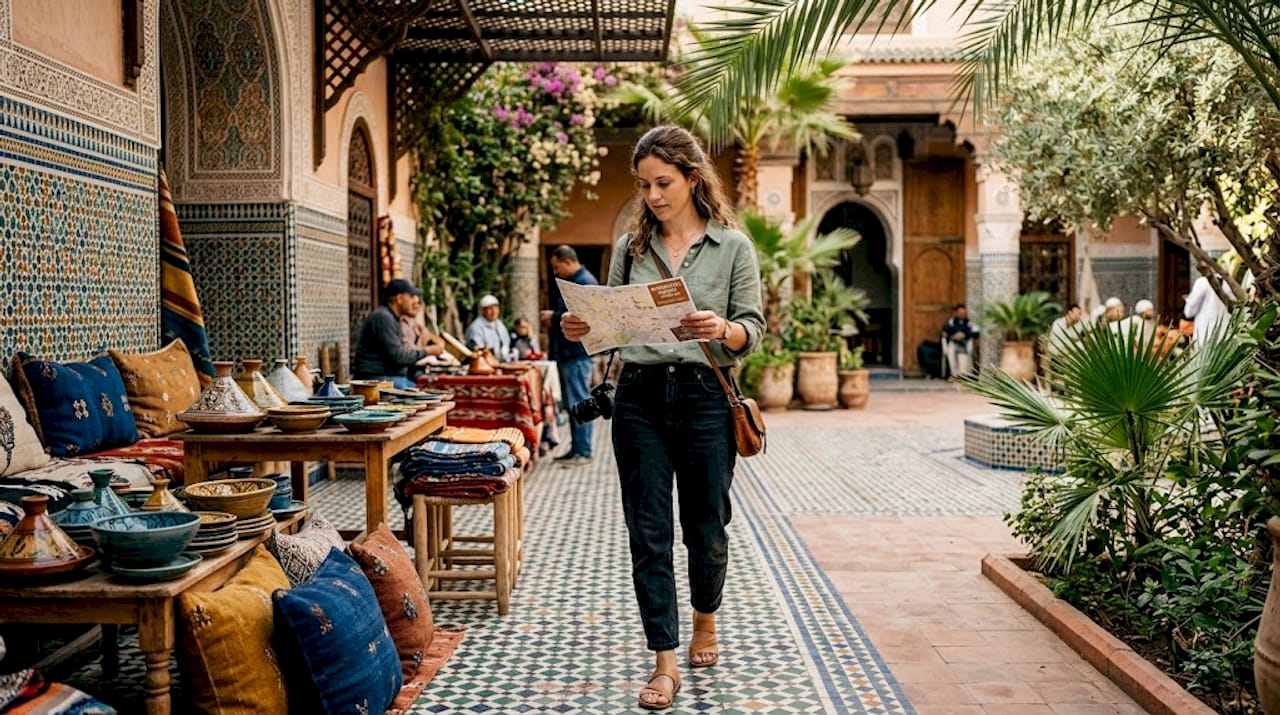 Traveler navigating busy Marrakech medina street
