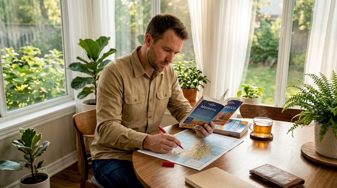 Man planning Morocco trip at kitchen table