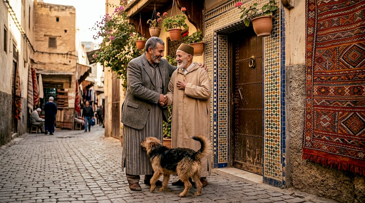 Men greet each other warmly on Moroccan street