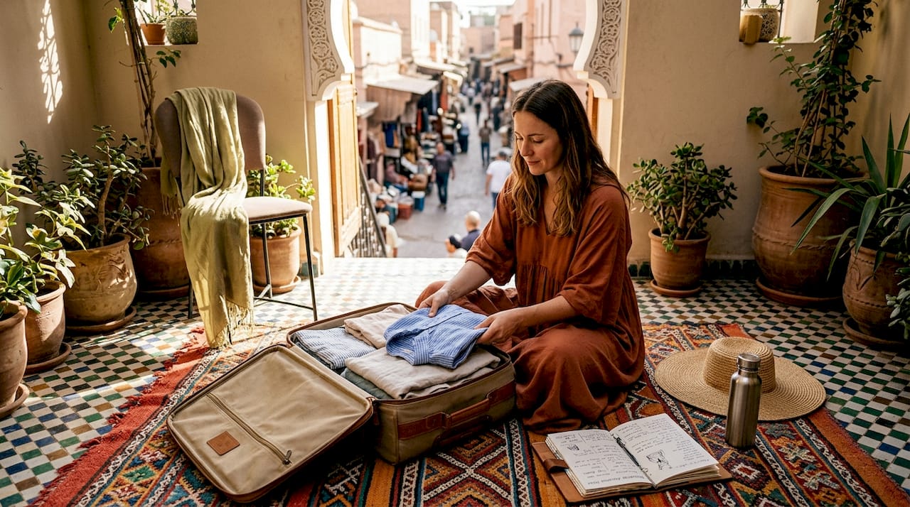 Woman packing linen clothes in Marrakech apartment