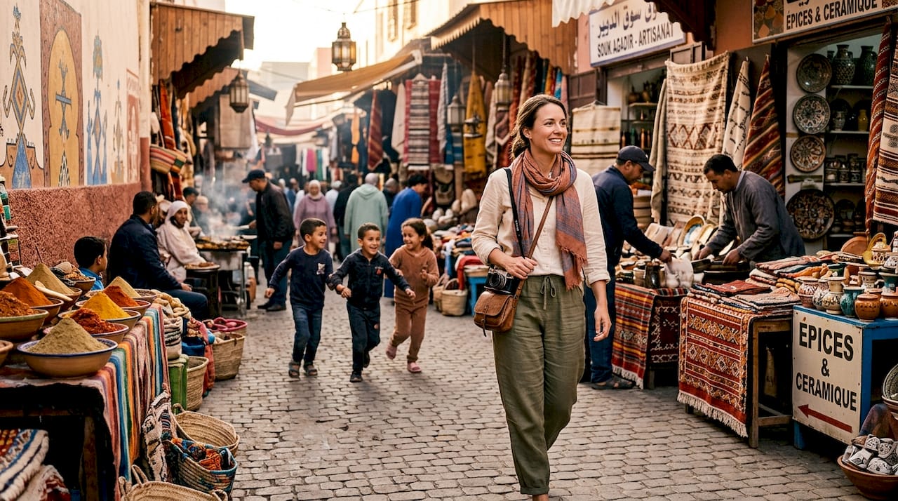 Solo woman walking safely in Marrakech street