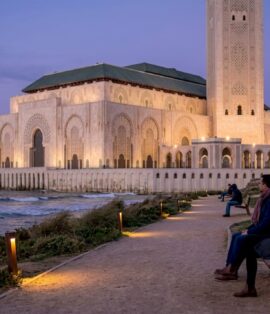 Hassan II Mosque exterior at sunset in Casablanca