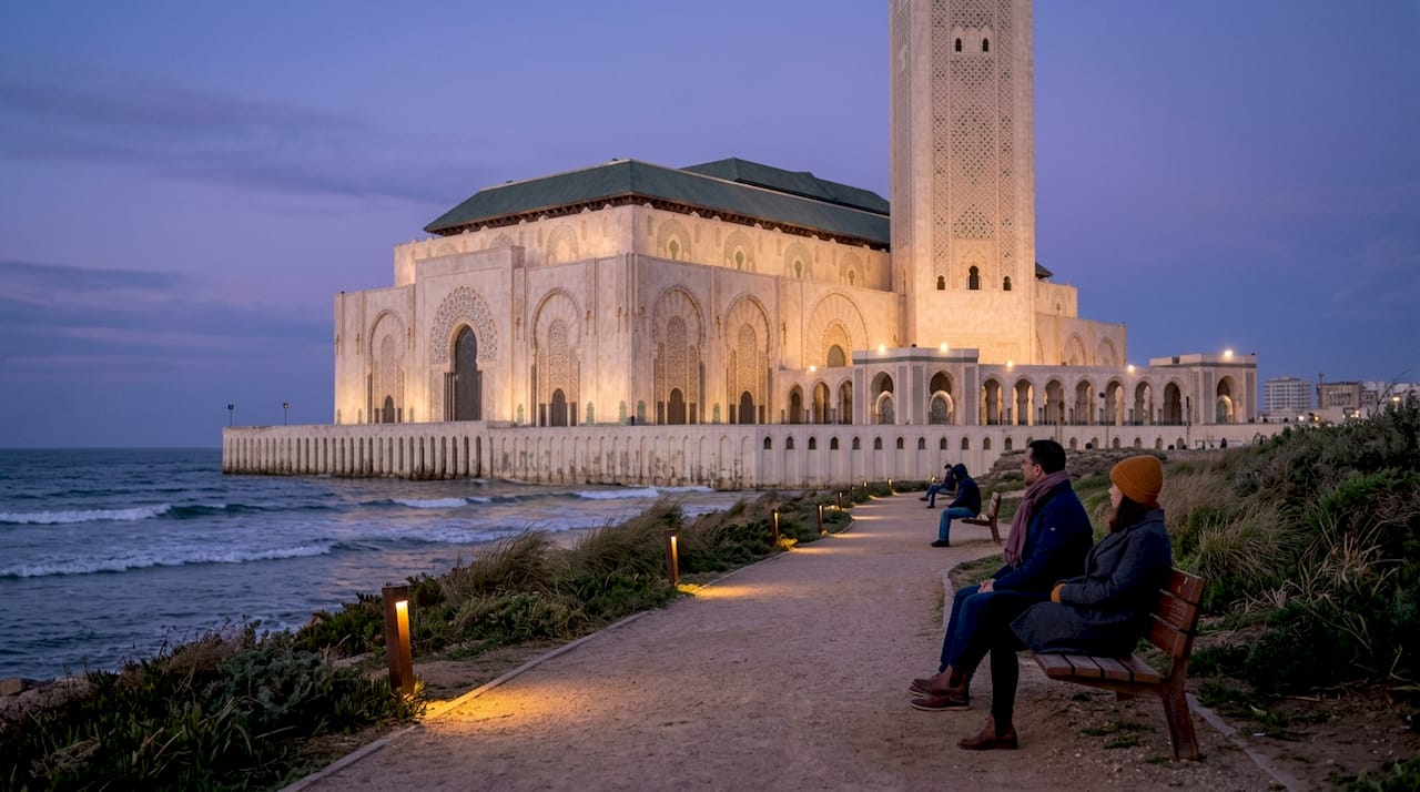 Hassan II Mosque exterior at sunset in Casablanca
