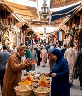 Crowded Marrakech market street with vendors