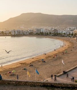 Panoramic view of Agadir beach and cityscape