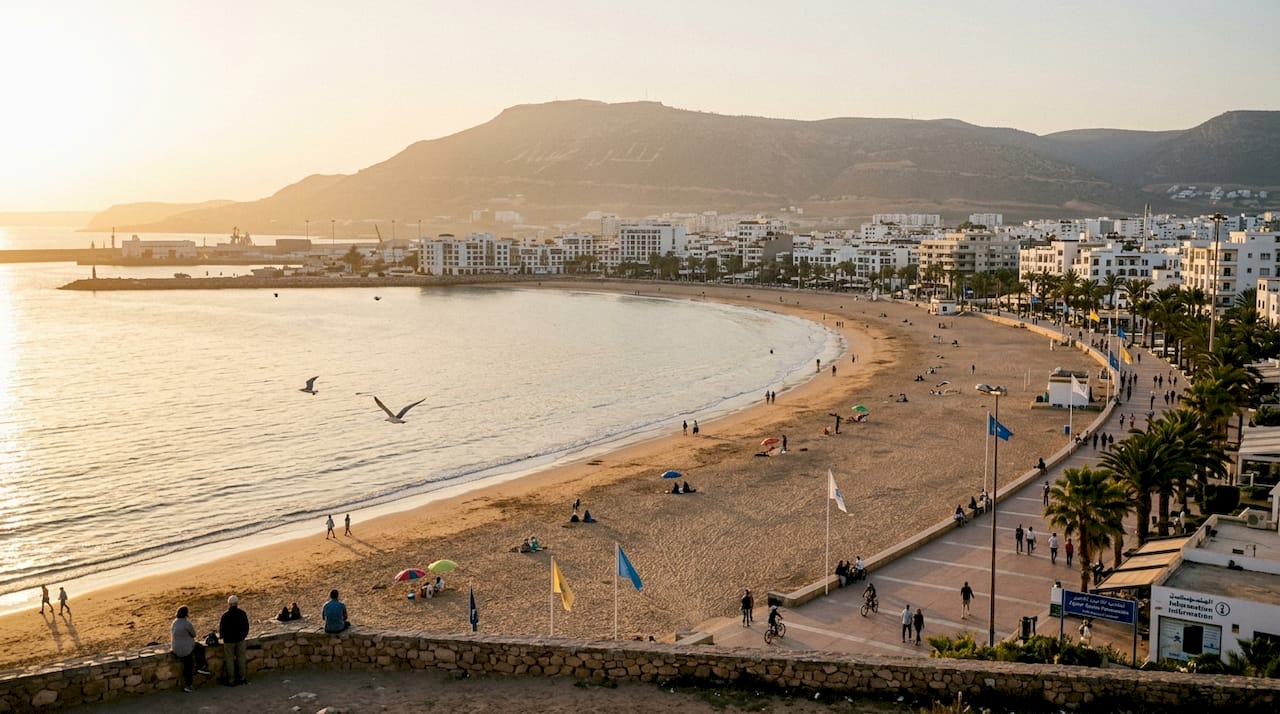 Panoramic view of Agadir beach and cityscape