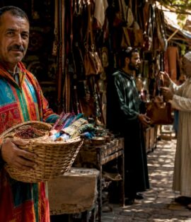 Man in traditional clothes in Fez medina market