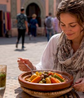 Tourist enjoying traditional Moroccan tagine outdoors