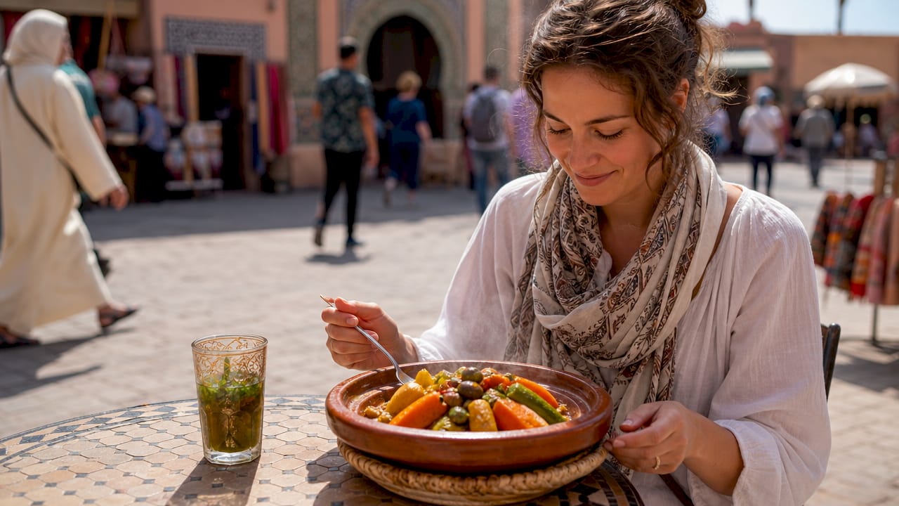 Tourist enjoying traditional Moroccan tagine outdoors
