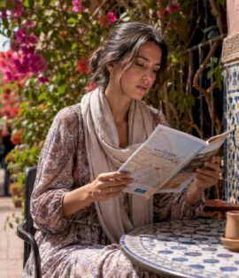 Woman traveler consulting guide in Moroccan market street