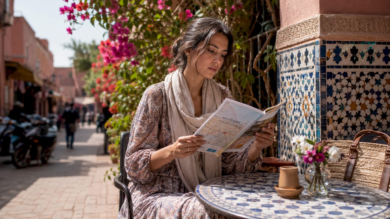 Woman traveler consulting guide in Moroccan market street