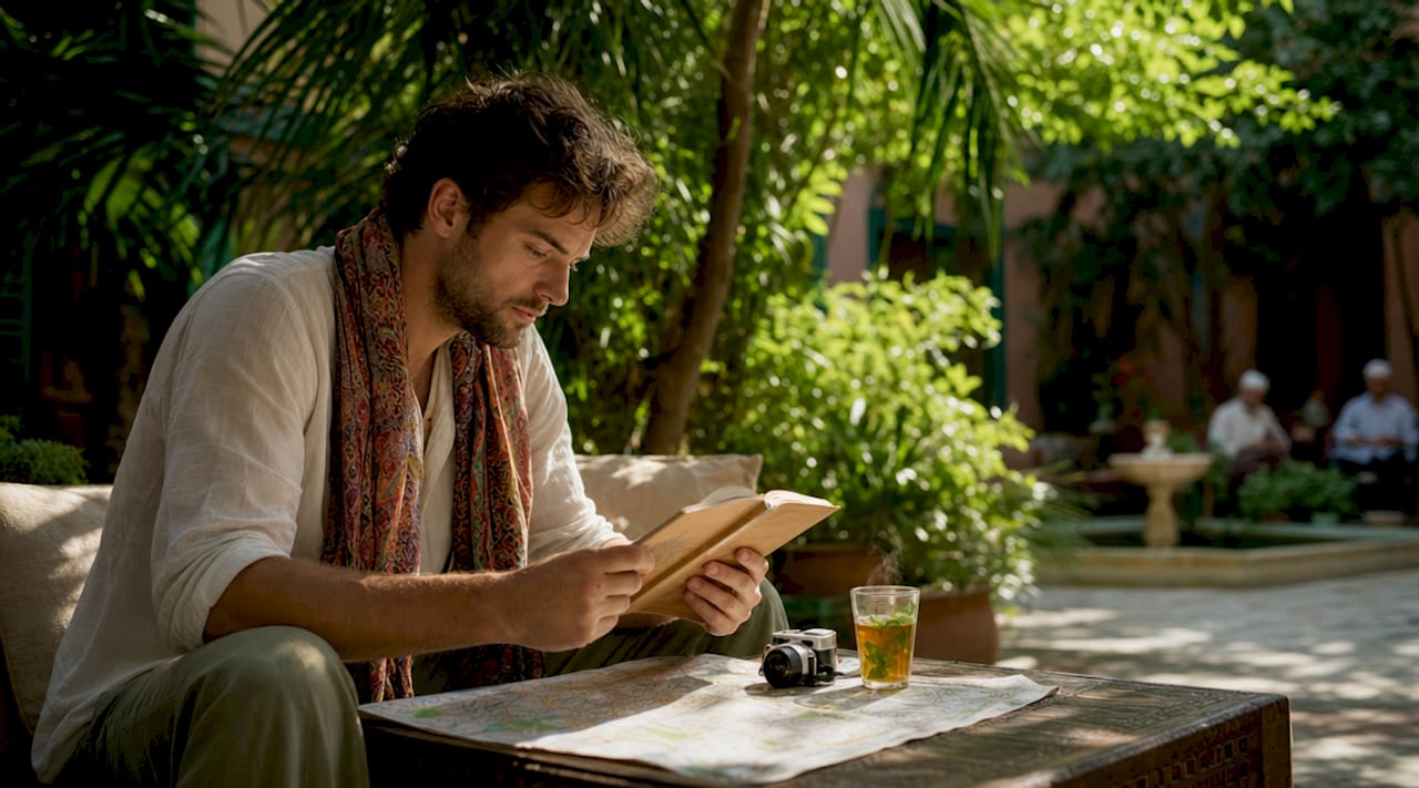 Traveler reviewing Moroccan guidebook outdoors