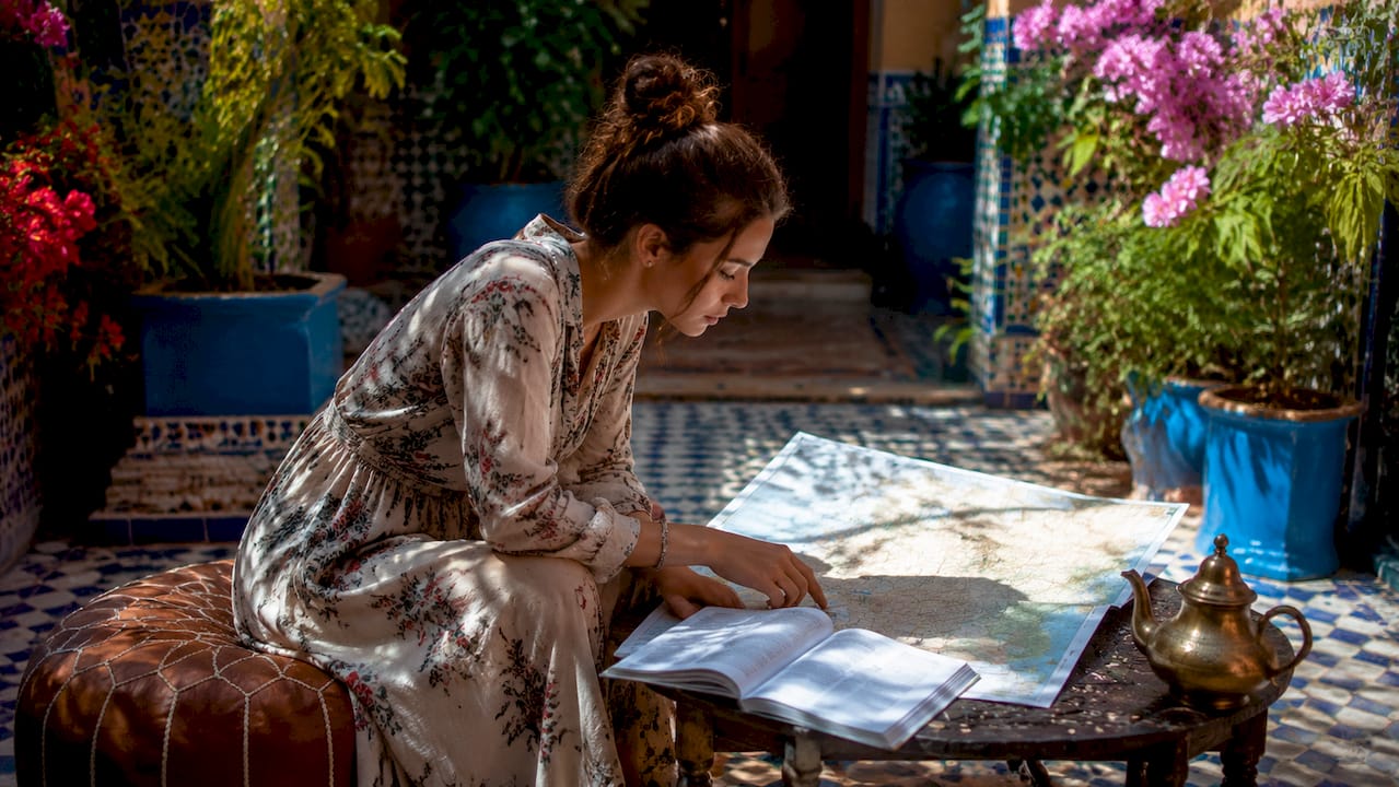 Traveler planning Morocco itinerary at map
