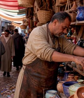 Artisan arranging pottery in Moroccan souk
