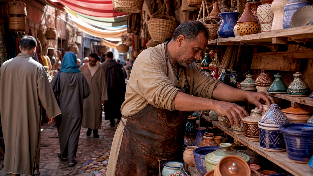 Artisan arranging pottery in Moroccan souk