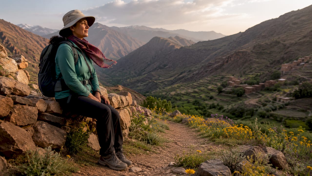 Hiker overlooking Moroccan mountain valley