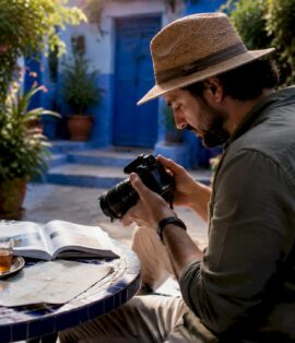 Photographer reviewing photos in Moroccan riad courtyard