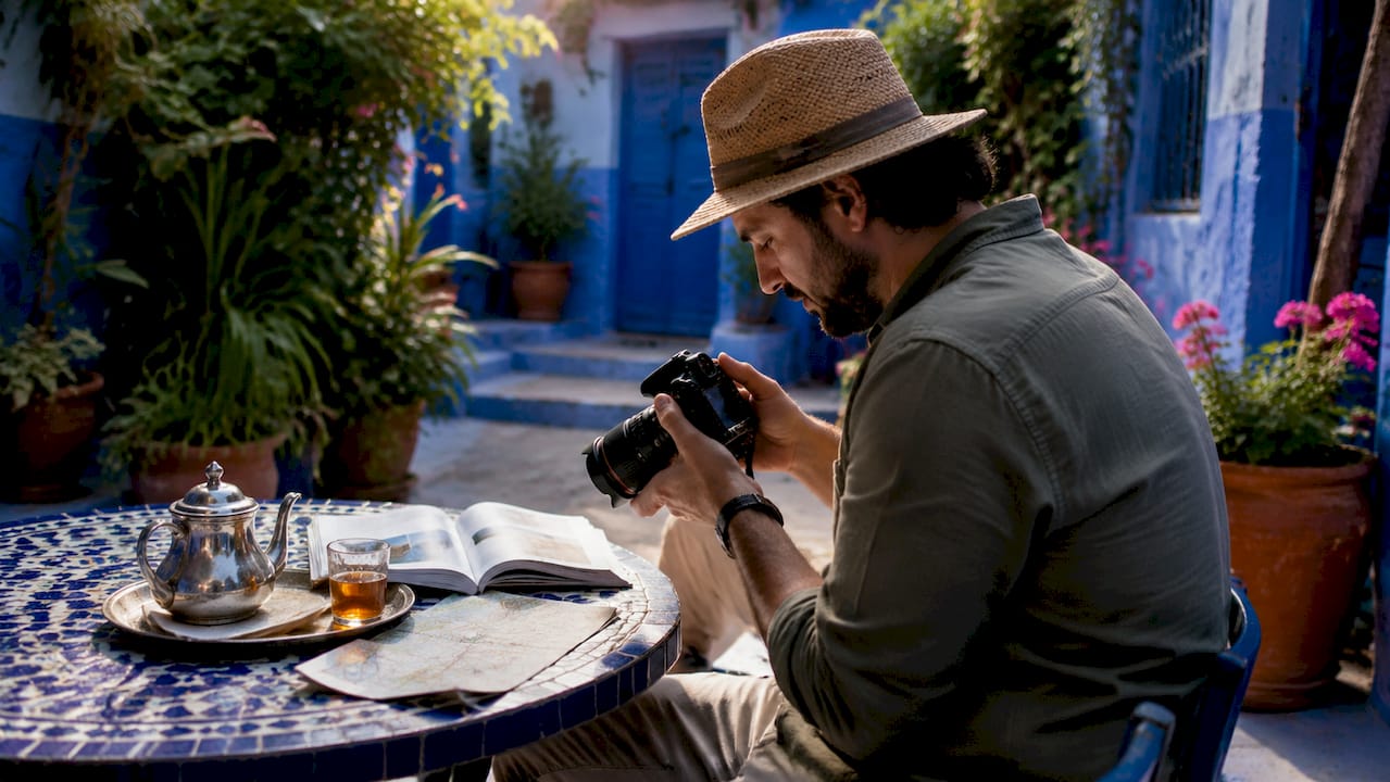 Photographer reviewing photos in Moroccan riad courtyard